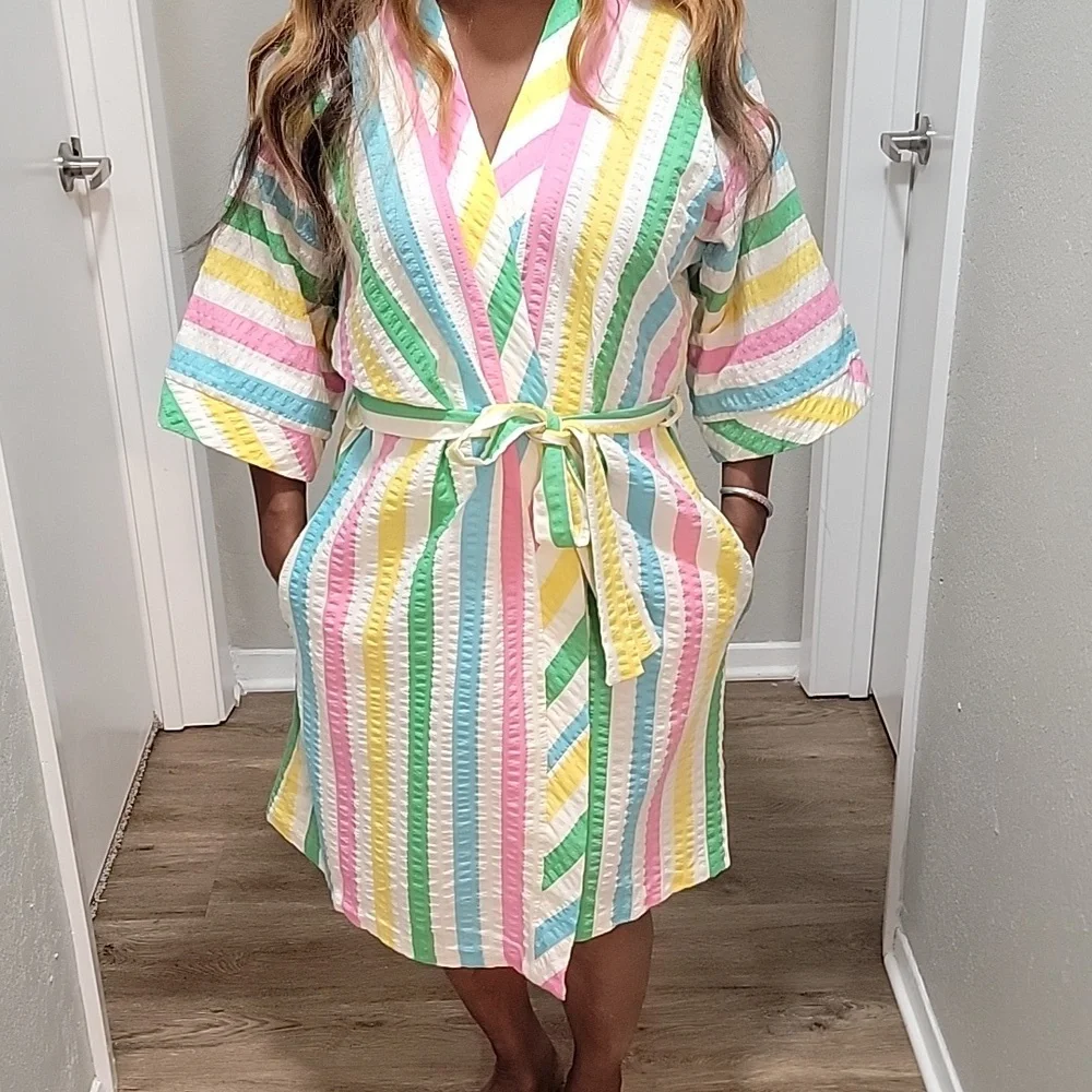 VTG | Vintage Multicolored Striped Kimono Style Robe - Picture 3 of 11